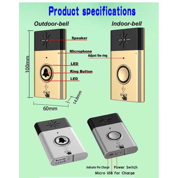 Серебряный/золотой цвет функцию разговора беспроводной дверной колокол