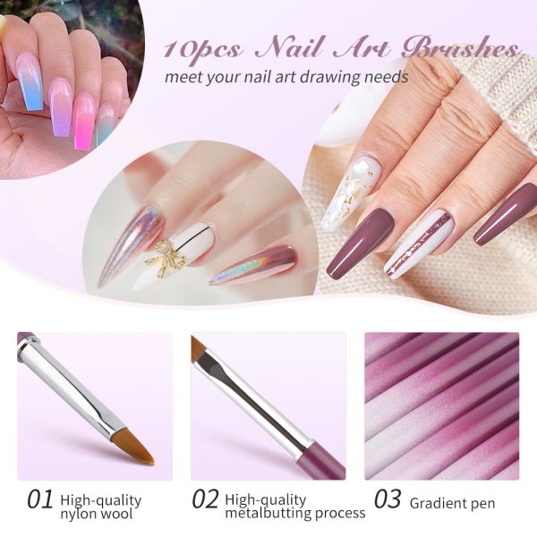 Salon Art Metal Handle Nail Brush 10pcs Set Nylon Hair 3D Acrylic Brush