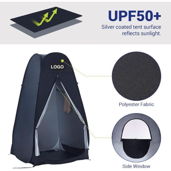 120*120*200CM Tendas de privacidade pop up pretas com portas fechadas com fecho de prata Revestido de poliéster abrigo de acampamento impermeável