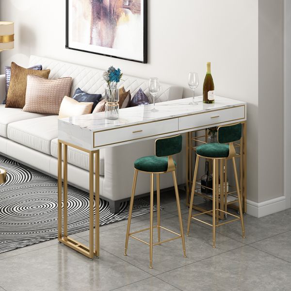Iron Marble Dining Table Set with 2 Chairs White Marble Surface Gold Powder Coating