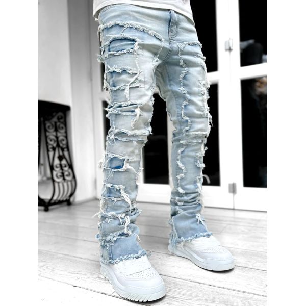 Street Style Men's Boot Cut Light Blue Damaged Tassel Applique Jeans Spandex/Cotton