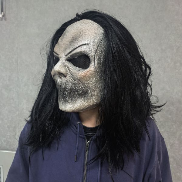 Realistic Sinister Ghoul Mask with Black Wig - Gory Jaw, Blackout Eyes - Halloween, Horror, Zombie Cosplay Costumes, Spooky Display
