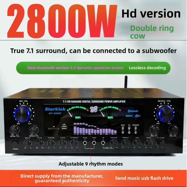 AV-888BT 2800W Home Karaoke Dual-Ring Power Amplifier New Model 7.1 Channel Zone Tuning High-Power Metal Construction
