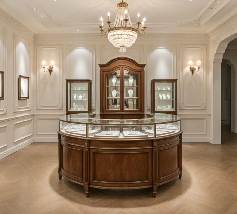 Vintage Walnut Wood 360° Curved Island Jewelry Display Counter with LED Lighting for Luxury Boutiques