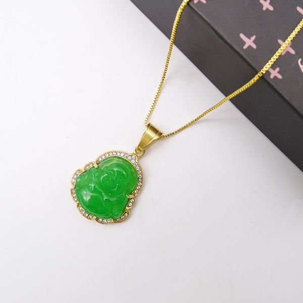 Buddhism Theme Engraving Carving Type Lucky Laughing Buddha Pendant Chain Necklaces Amulet Jewelry for Men Women Boys