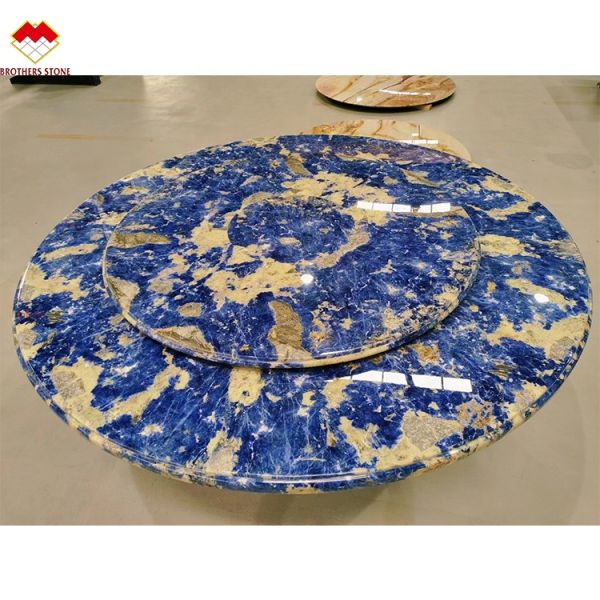 Modern Calcite Marble Worktop Dining Table with Translucent Bolivian Blue Stone Basin