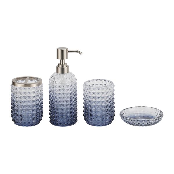 New design ombre blue glass bathroom accessories set round with diamond dot soap dispenser tumbler soap dish