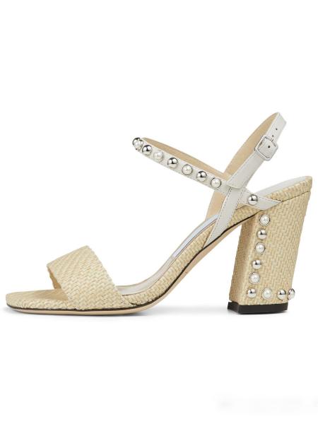 JBHS0301 Nude Woven Raffia Straps Trims Female Heel Sandals Summertime Styling