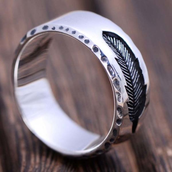 Mens Womens Simple Plain 925 Sterling Silver Feather Band Ring Finger Jewelry（XH051739W）
