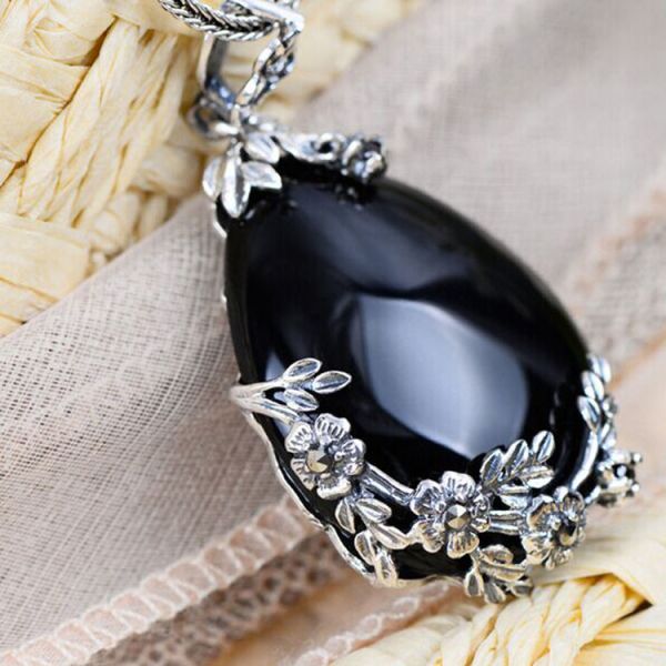 Vintage Jewelry 925 Silver Marcasite Drop Black Agate Pendant Necklace 18 Inches(LN001BLACK)