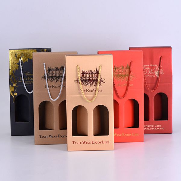 Printed Corrugated Paper Packaging Carrier Boxes For Two Bottles Of Red Wine