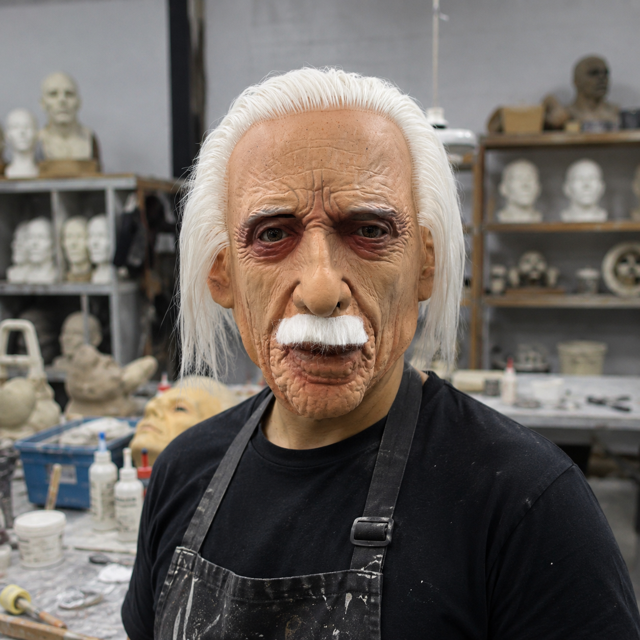 Short White Hair Old Man Latex Full Head Mask with White Mustache, Realistic Wrinkles, Detailed Skin Texture, Visible Eye Openings for Halloween Party Cosplay Costume