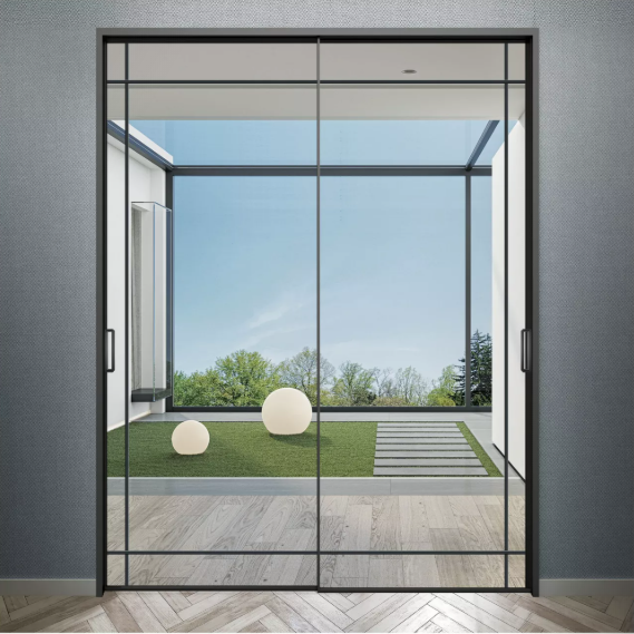 Minimalist System Aluminum Sliding Doors Two Track Single Glass Double Rail Hanging
