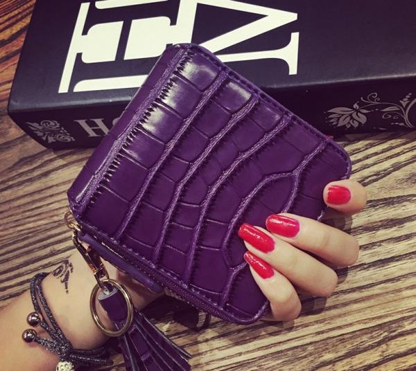 Square wallet crocodile pattern cowhide tassel short paragraph two fold ornaments retro minimalist leather zipper female