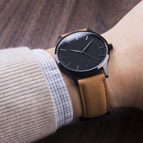 Mineral Crystal Mens Wrist Watch Leather Straps Japanese Quartz Brown Color