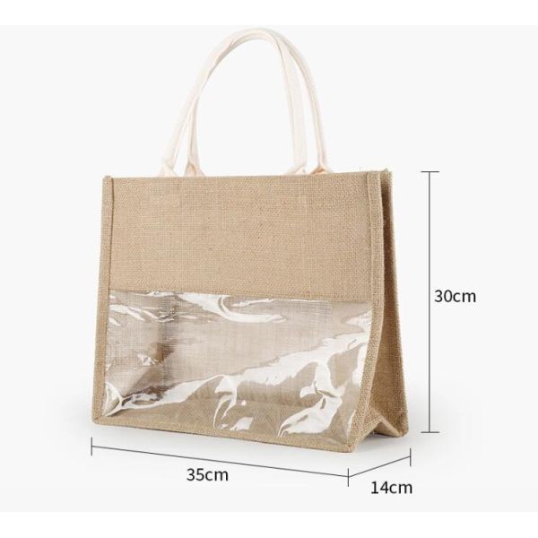 Beach Tote Shoulder Bag With Interior Pocket, Jute Bags Natural Burlap Joint PVC Wine Grocery Packaging Carrier Jute Bag