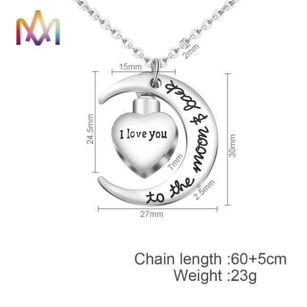 60cm Chain Steel Color Engravable Moon Star Neckalce With Cremation Urn For Human Ashes
