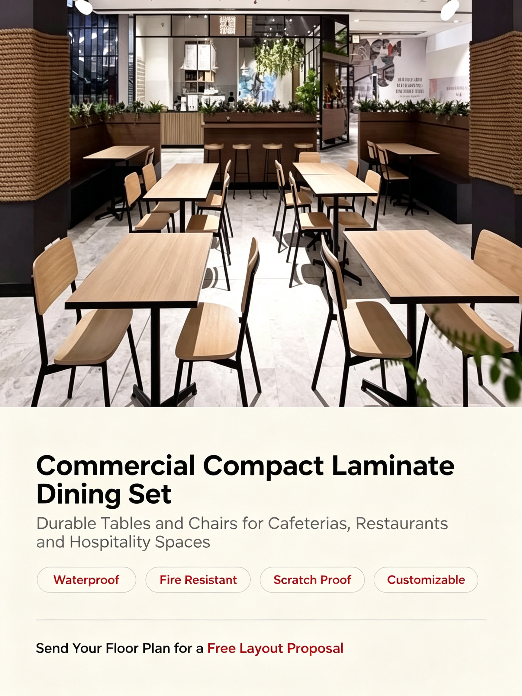 Commercial HPL Compact Dining Table and Chair Set, Waterproof Fireproof Anti-scratch Canteen Furniture for Restaurant Cafe School Hospital