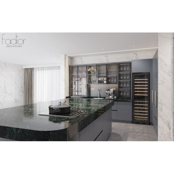Modern U-Shaped Grey Stainless Steel Kitchen Cabinet With Marble Finish