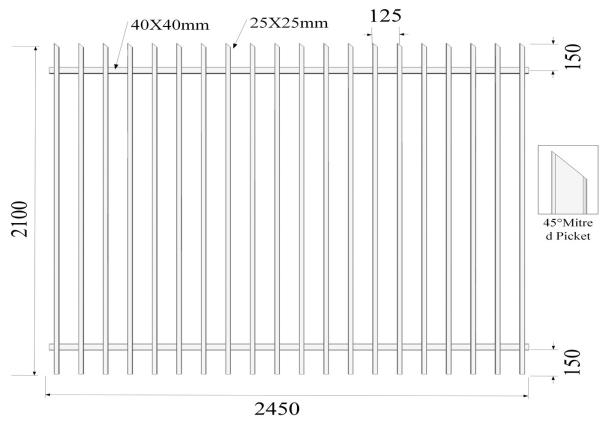 45° mitre triangle tubular security Hercules steel fencing panels 1.5mx 2.45m 42 microns high and 80 microns powder