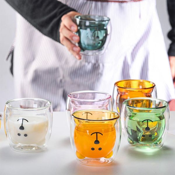 Colored Animal Shaped Double Wall Glass Mug 250ml Capacity Bear Cup Modern Style