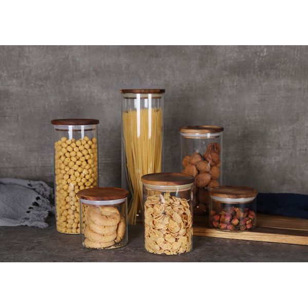 Custom Capacity Stocked Sealed Clear Round Borosilicate Glass Packaging Containers Jar with Wood Lid