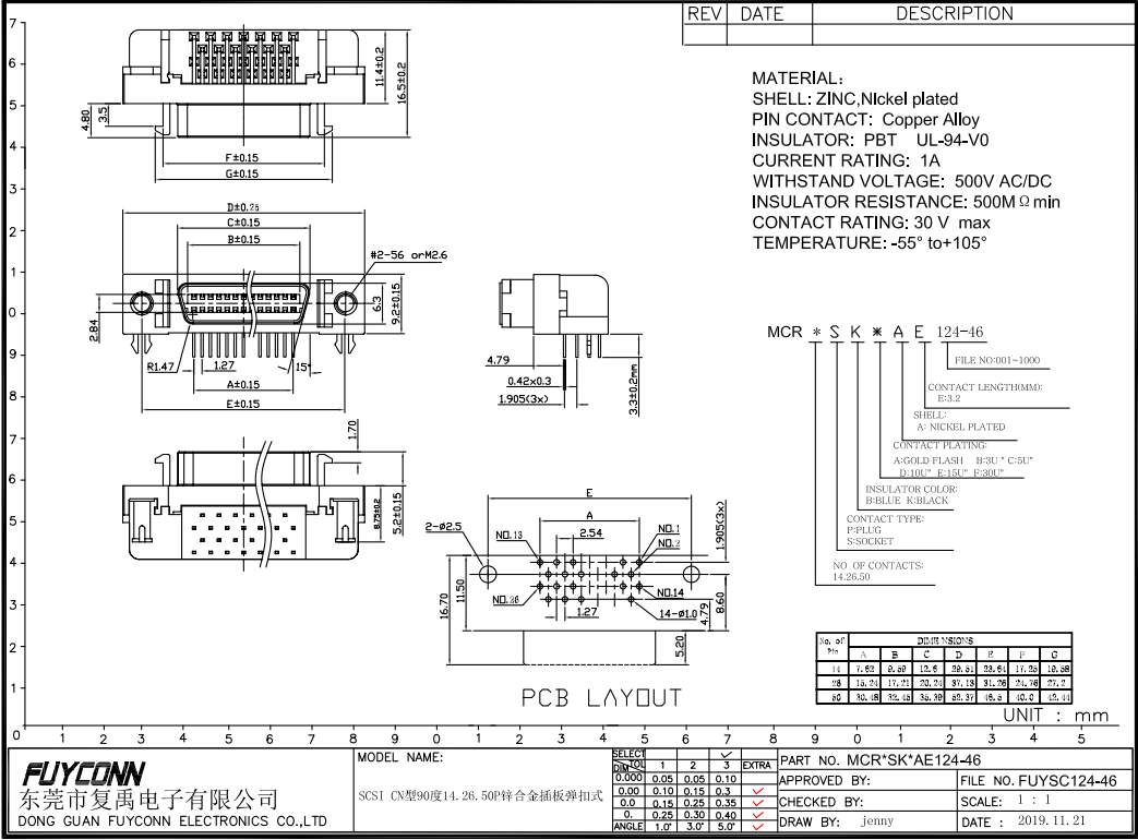Zinc Alloy Shell 14 Pin SCSI Connector Right Angle Female PCB
