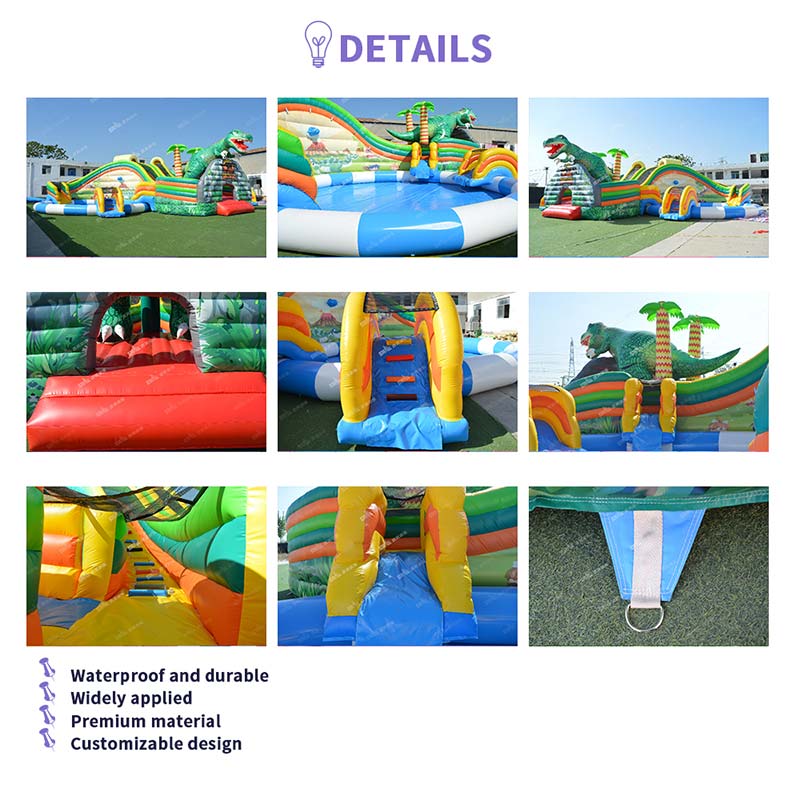 Inflatable Dinosaur Water Park, Dino Theme Inflatable Water Slide with Double Pools, Commercial Kids Aqua Play Equipment