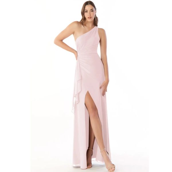 Fashionable Fitted Pleated Ruffle Chiffon Long Bridesmaid Dress Blushing Pink Sleeveless One-Shoulder Plus Size