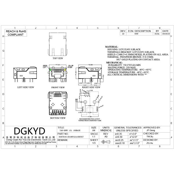90 Degrees Shielded 6Pin Cat6 RJ45 Single Port Connector Network Socket RJ45 With Transformer