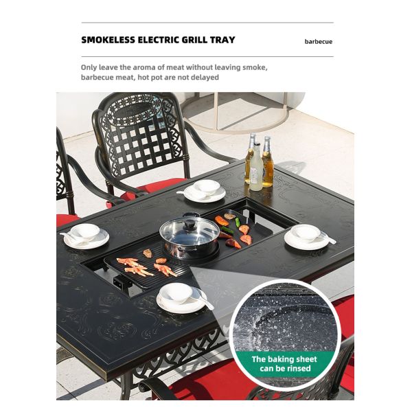Garden Terrace Balcony Cast Aluminium BBQ Grill Rectangular Table and Chair Set 1.5M