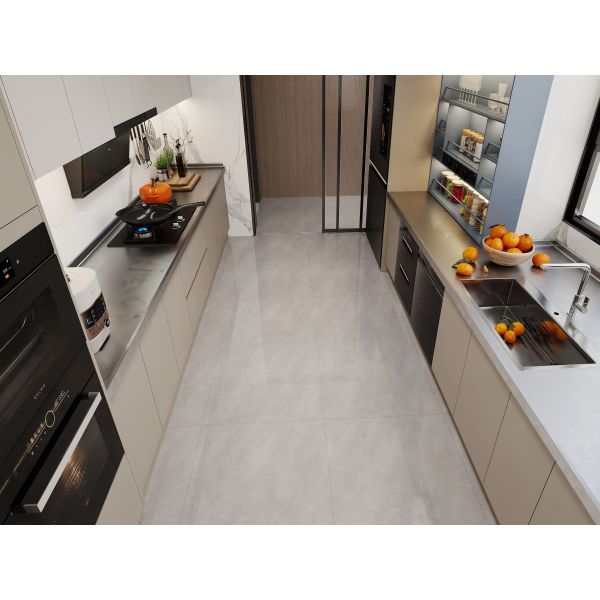 Matte Beige Stainless Steel Kitchen Cabinets with Black Stone Countertop