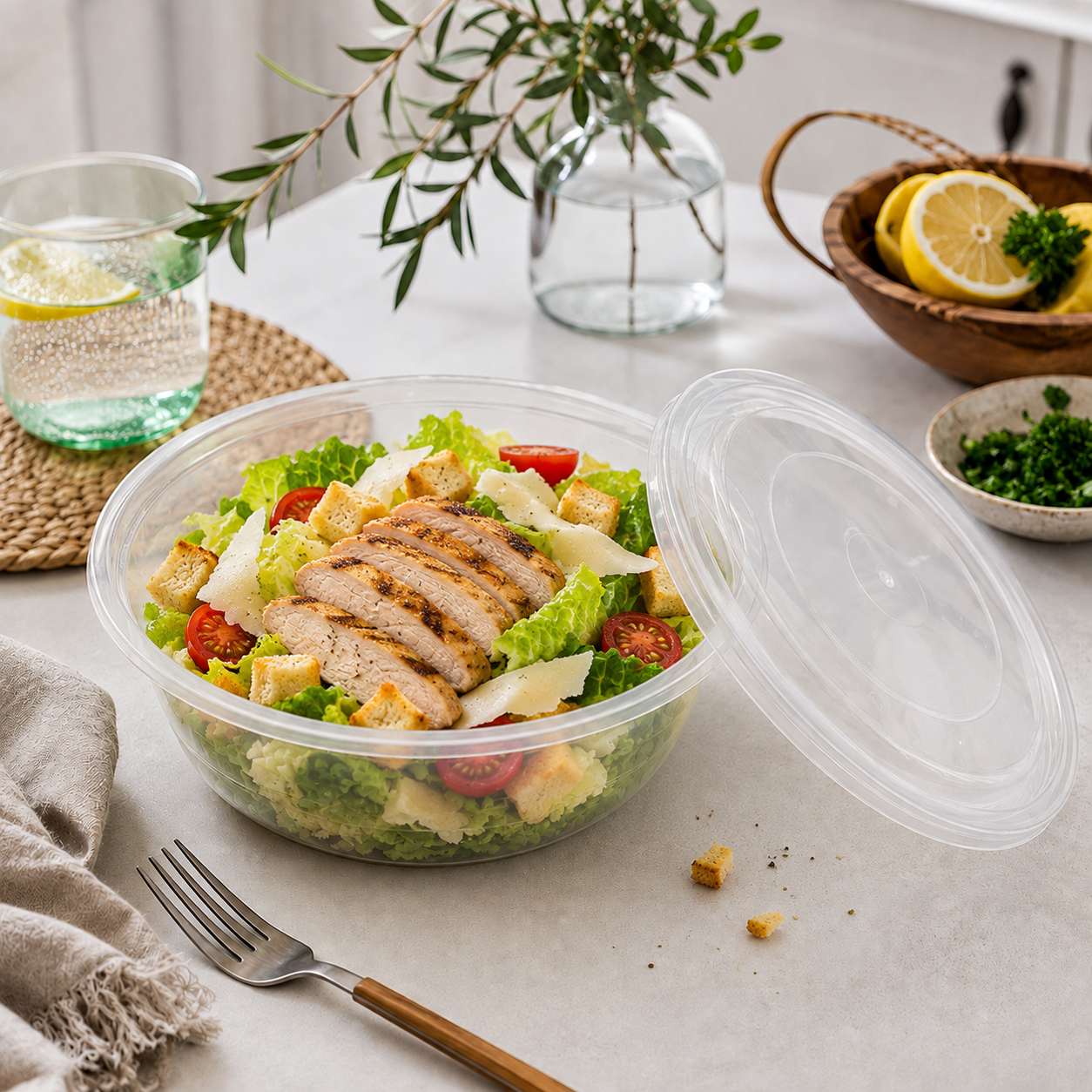 Transparent Lids PP Disposable Soup Bowls Clear Round 1200ml for Food Display