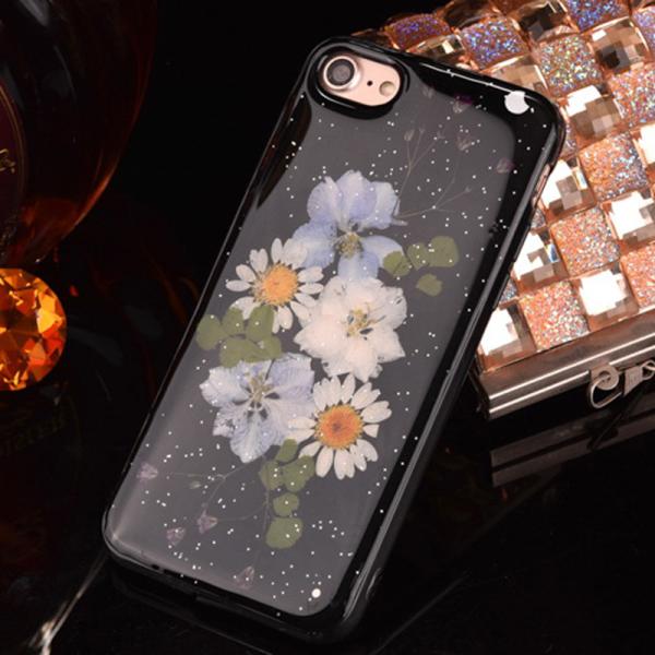 Soft TPU Black Colorful Real Flowers Specimen Cell Phone Case Back Cover for iPhone7 7 plus 6s plus