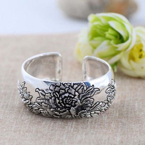 Retro Vintage 925 Sterling Silver Wide Cuff Bracelet Engraved Flower (XH042025)