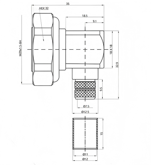 RF Connector 7/16-C-JW-7 Right Angle Crimp  50Ω  L29/DIN Connector For LMR400 Cable 