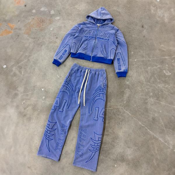 Fabricants personnalisés Soleil décoloré en relief pleine imprimé lavage à l'acide Vintage Fermeture à glissière courte combinaison de sport Sweatpants et ensemble de sweatpants
