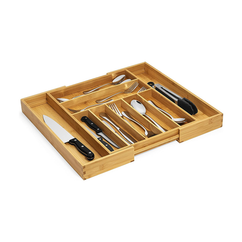 Bamboo Cutlery Retractable Drawer Storage Box Kitchen Organiser for Efficient Knife and Fork Division Sorting