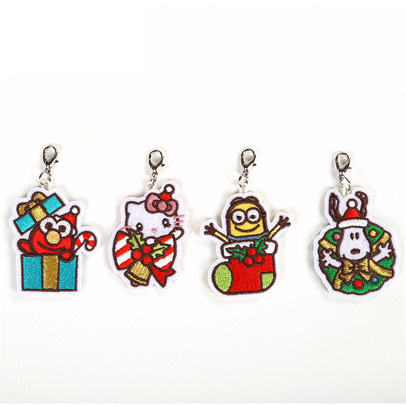 Creative Bag Pendant Key Rings Custom Embroidered Keychain with Zipper Strip Featuring Dog Fruit Panda Rectangle Patterns