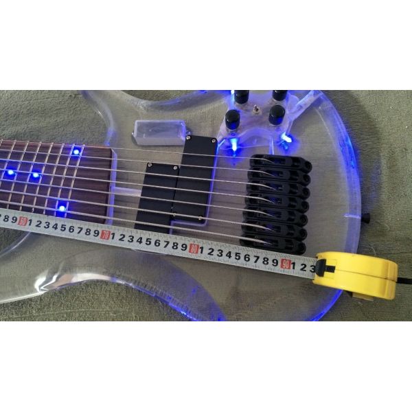 7 Strings Bass Guitar Limited Edition Clear Acrylic Body Rosewood fingerboard inlay Blue LED lamp Electric Bass Guitar