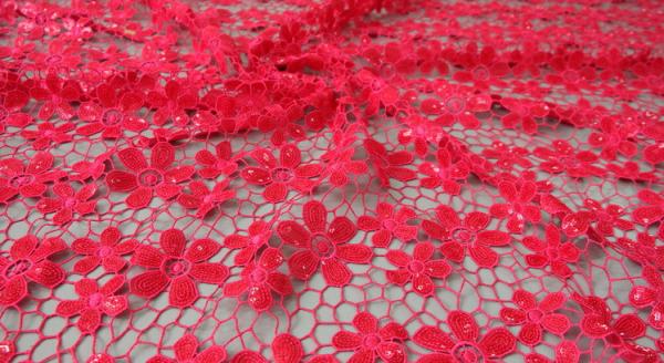 Chemical lace with Red/Pink /Orange Color  + Embroidery 3 mm Sequin Lace Fabric