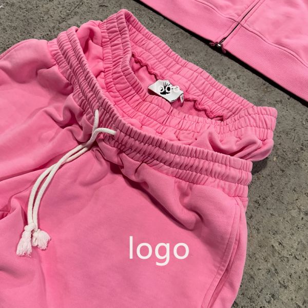 Custom Logo Zip up Hoodie pink Double Waist Sweat Track Baggy Pant Acid Washed Hoodie Set Tracksuits for Men