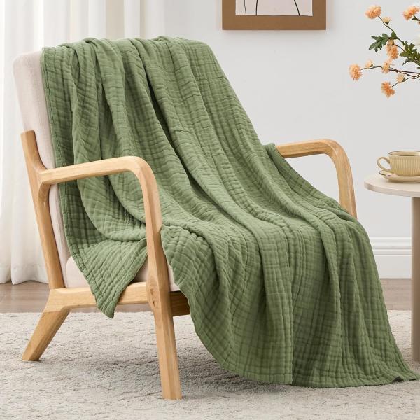 Breathable Layered Gauze Blanket Olive Green With Bohemian Style