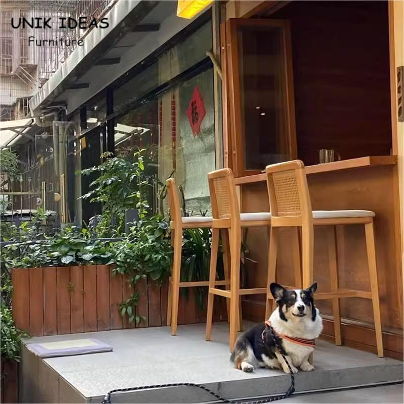 Nordic Modern Coffee Shop Front Counter High bar Stool Garden Courtyard Creative Solid Wood Hand Made Rattan bar Chair