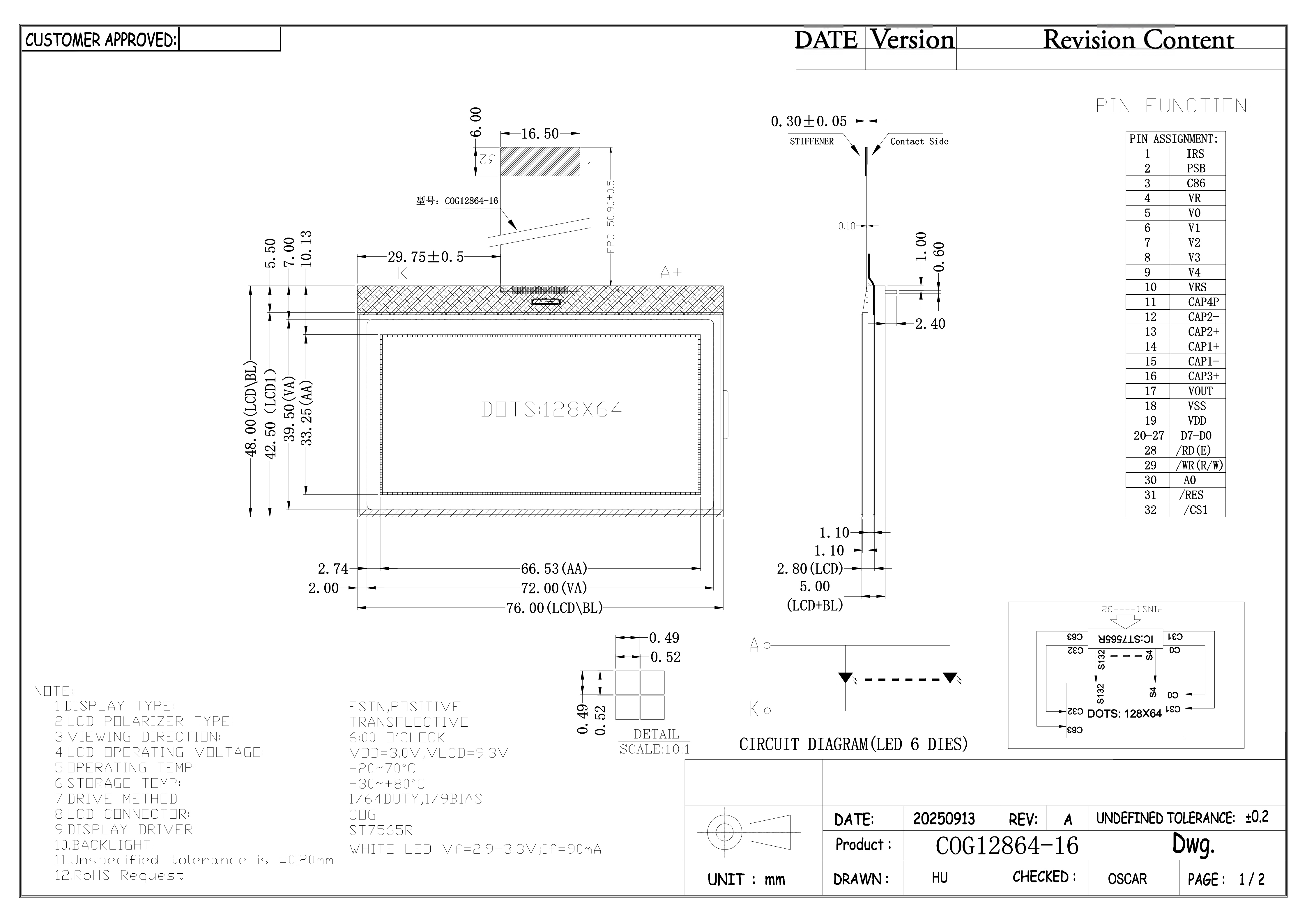 COG12864-16 128x64 Dots FSTN Transflective LCD Module with Wide Temperature Operation for Industrial Display