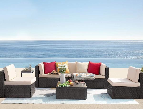 Patio Rattan Furniture Set Hidden Storage, 7 Sofa Sections, Outdoor Wicker Conversation Set, Natural Color Rattan