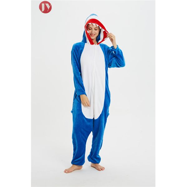 Wholesale Warm Fleece Animal Heated  Pajamas Cheap Sexy Adult Blue Shark Onesie