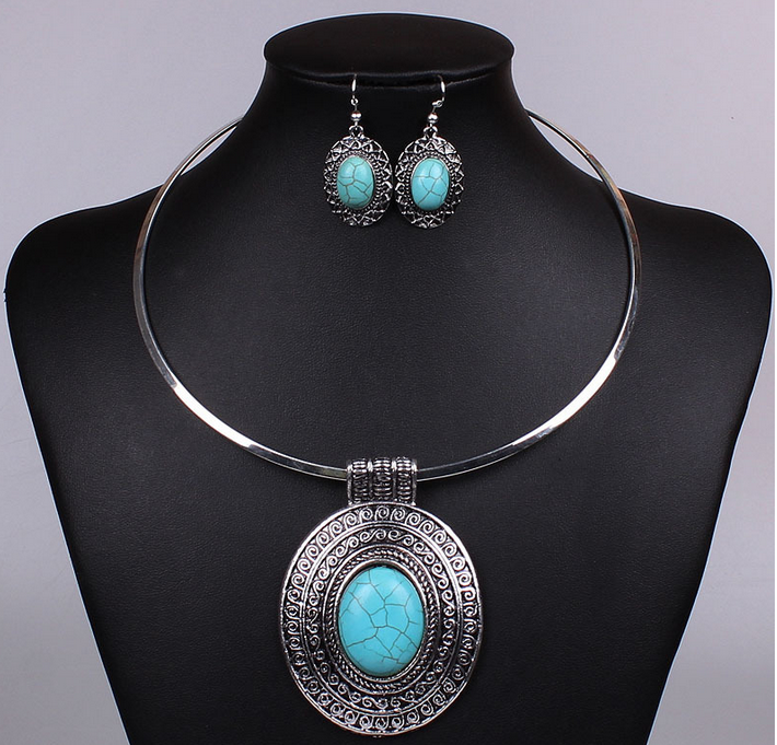 Nepal Ethnic fixed collar turquoise necklace earrings / jewelry sets