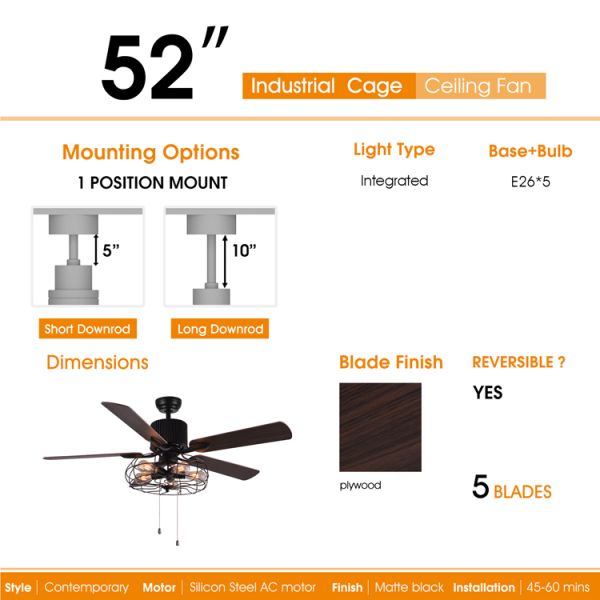 52 Inch Decorative 5 Vane 18w Pull Chain Ceiling Fan Light