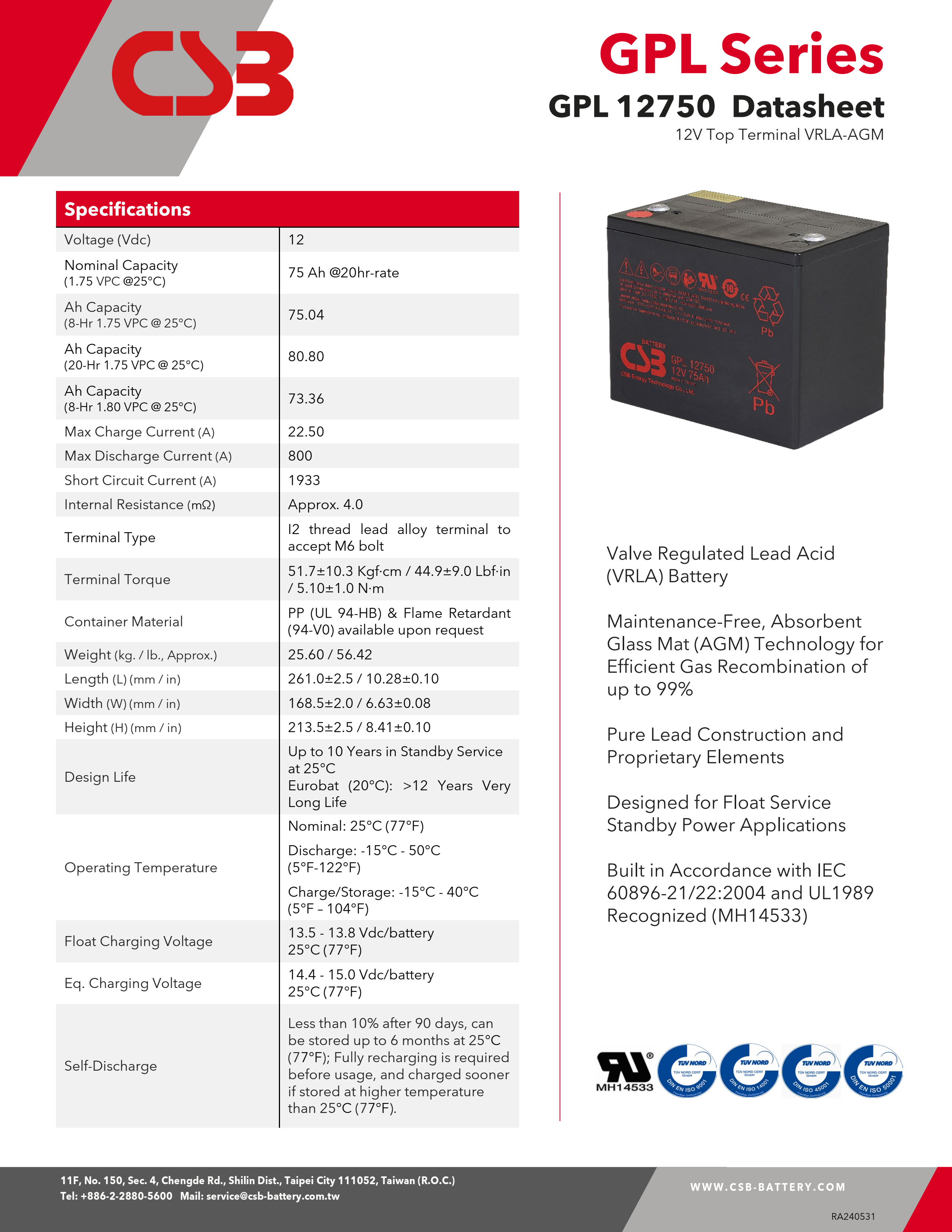 Batería GPL12750 12V 75Ah Batería de plomo y ácido sellada Batería recargable de larga duración